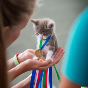 A small kitten, held in the hands of a girl, being awarded a medal